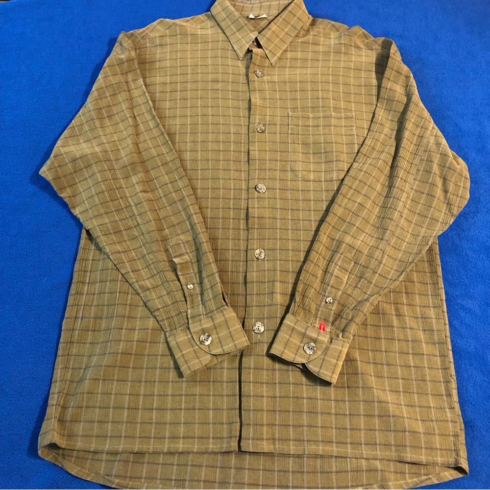 Men’s Signum Green Checkered Button Down Long Sleeve Pocket Cotton Size Medium